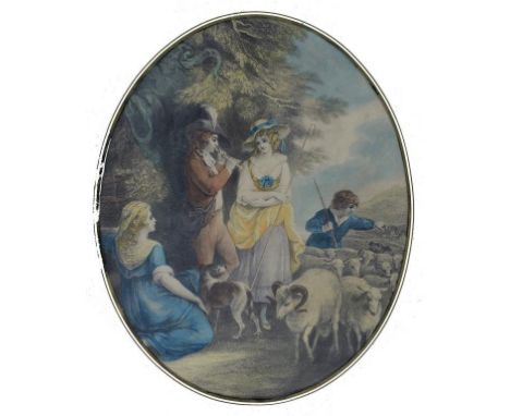A PAIR OF LATE 18TH C OVAL STIPPLE ENGRAVINGS OF DIANA AND ATTENDANT, AND ANOTHER CLASSICAL SCENE, 18 X 14CM, A SILHOUETTE AN