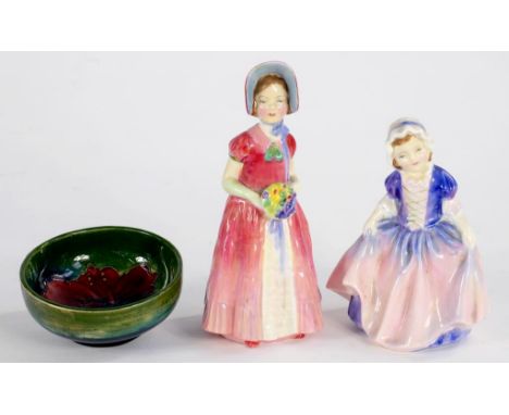  A MOORCROFT MINIATURE HIBISCUS BOWL, 8CM D, PRINTED LABEL 'POTTERS TO THE LATE QUEEN MARY' AND TWO ROYAL DOULTON BONE CHINA 
