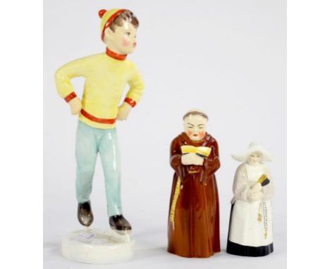 A ROYAL WORCESTER FIGURE OF TUESDAY'S CHILD, 20CM H, BLACK PRINTED MARK AND TWO ROYAL WORCESTER CANDLE SNUFFERS IN THE FORM O