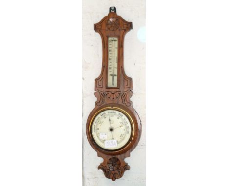 A CARVED OAK BAROMETER BY FRANKS OPTICIAN DERBY, WITH MERCURY THERMOMETER, 53CM H, CIRCA 1900