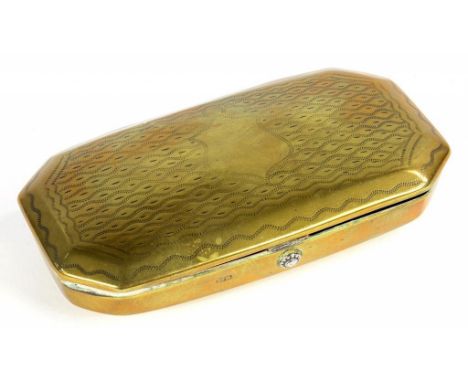 A BRASS TOBACCO BOX WITH ENGINE TURNED LID, 13CM W, STAMPED MAKER'S MARK, POSSIBLY DUTCH, 19TH CENTURY