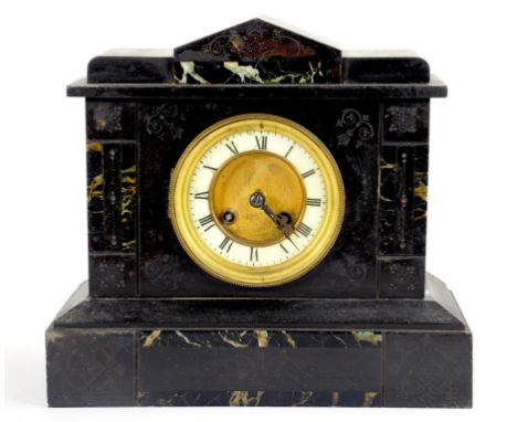A FRENCH BELGIUM SLATE AND MARBLE ARCHITECTURAL MANTLE CLOCK, 26.5CM H, C1890