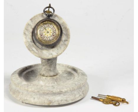 A SWISS SILVER CYLINDER FOB WATCH, C1890 AND A CONTEMPORARY TURNED LIGHT GREY MARBLE WATCH STAND