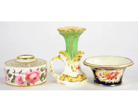 A STAFFORDSHIRE PORCELAIN NATURALISTIC APPLE GREEN GROUND TAPERSTICK, PAINTED WITH ROSES, 8CM H, C1830, A COALPORT MINIATURE 