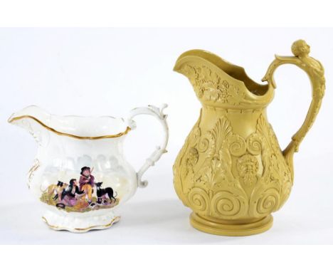 A STAFFORDSHIRE PORCELAIN MOULDED JUG PAINTED WITH SPORTSMEN AND FLOWERS, THE FRONT GILT WITH THE INITIALS 'J R', 18CM H, C18