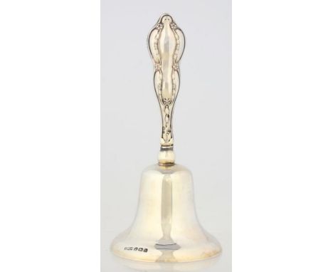 AN EDWARD VII SILVER TABLE BELL, 12.5CM H, BIRMINGHAM 1909 AND A HARLEQUIN SET OF SIX DANISH SILVER GILT AND ENAMEL COFFEE SP