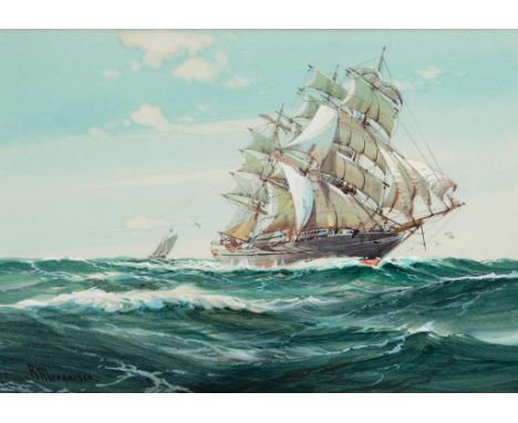 †WILFRED KNOX (1884-1966) THE CLIPPER SHIP "BLUE JACKET" SIGNED WITH THE ARTIST'S PSEUDONYM R MCGREGOR, WATERCOLOUR, 25.5 X 3