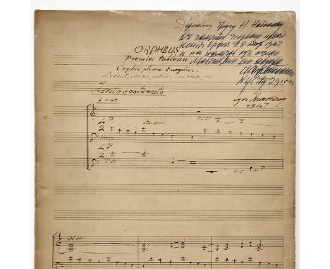 STRAVINSKY, IGOROrpheus. New York: Boosey and Hawkes, 1947. Inscribed in blue ballpoint pen by Stravinsky in Russian, "To my 