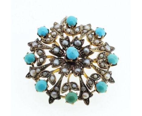 A late 19th/early 20th century 9 carat gold turquoise and seed pearl pendant brooch, 3.4cm diameter