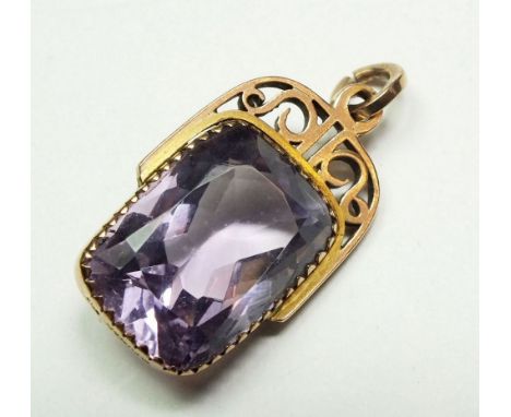 A 9 carat rose gold and amethyst set fob, 3cm drop 