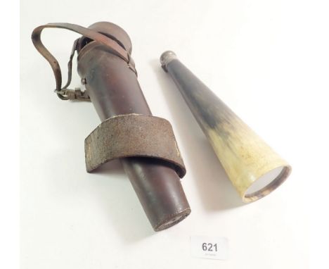 A 19thC horn hunting flask with silver plated top and glass bottom, 26cm high, in fitted leather case.