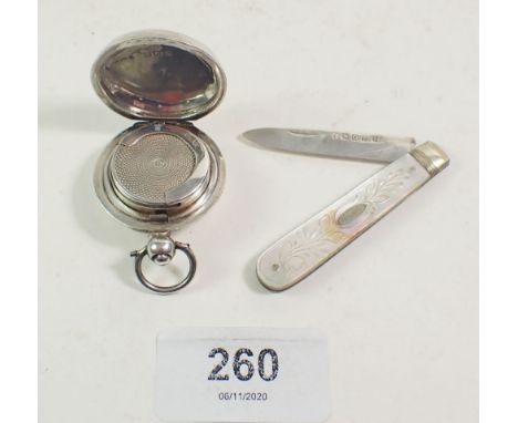 A silver sovereign case Birmingham 1913 and a silver and mother of pearl and silver fruit knife, Sheffield 1881 