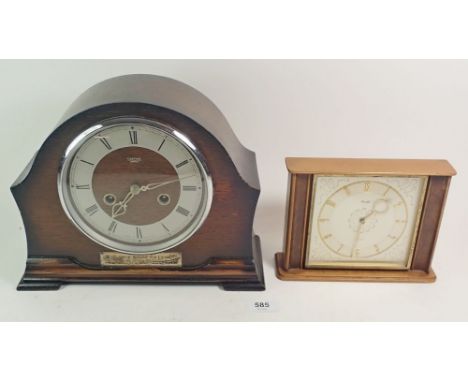A Smiths oak chiming mantel clock with key and pendulum and a Kienzle vintage mantel clock 