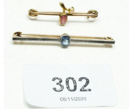 A 14ct yellow and white gold Art Deco bar brooch set with aquamarine  together with a 9ct gold amethyst and seed pearl brooch