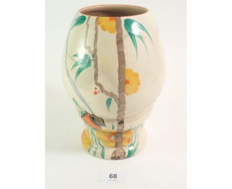 A 1950's Clarice Cliff vase painted orange flowers and cottage, 21cm tall