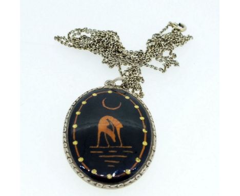 A Norwegian silver oval enamel pendant with deer standing in moonlit water 4 x 2.7mm, marked NM 