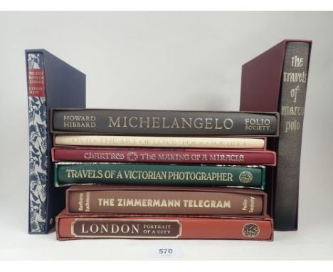 Eight Folio Society books, comprising - 'Michelangelo, the Art of Love, the Making of a Miracle, Travels of a Victorian Photo