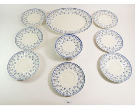 A set of Spode Fleur de Lys dinner ware comprising:- nine tea plates, seven saucers and a meat plate 