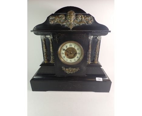A Victorian large black slate mantel clock with gilt metal mask and architectural decoration 50.5cm x 49cm x 16cm 