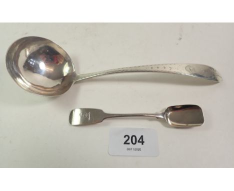 A Georgian silver sauce ladle, Dublin 1867 by John Dalrymple and a Georgian Irish shovel form salt spoon, Dublin 1810 by Will