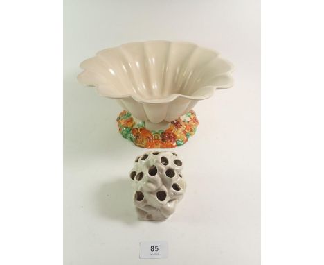 A Clarice Cliff Art Deco cream flower bowl with orange flower decoration, original flower holder within, 14cm high, 30.5cm di