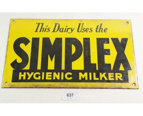A vintage Simplex Hygienic Milker dairy enamel advertising sign, 33cm wide