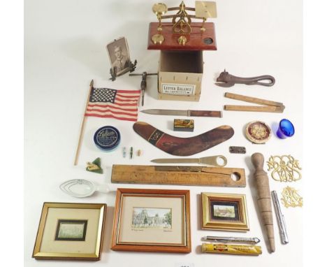 A box of miscellaneous collectables to include scales, folding rules etc.