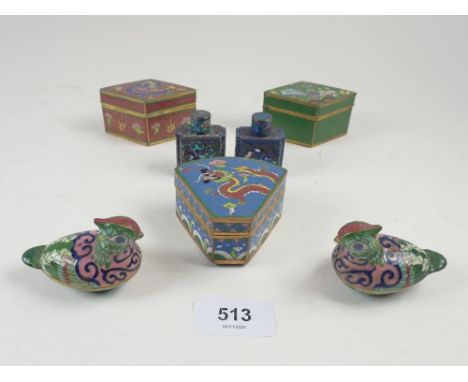 Five Chinese enamel cloisonne miniature boxes and two scent bottles