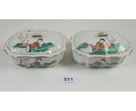 A pair of Chinese porcelain trinket or soap boxes and lids painted ladies 