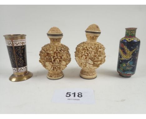 Two cloisonne enamel minature vases and two simulated ivory snuff bottles 