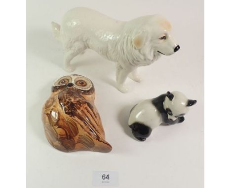 Three ceramic animals to include a Lomonosov panda, Sylvac golden retriever and Babbacombe owl. 