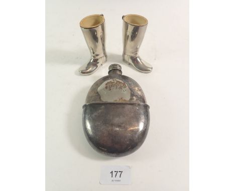 A pair of silver plated boot form spirit measures and a spirit flask