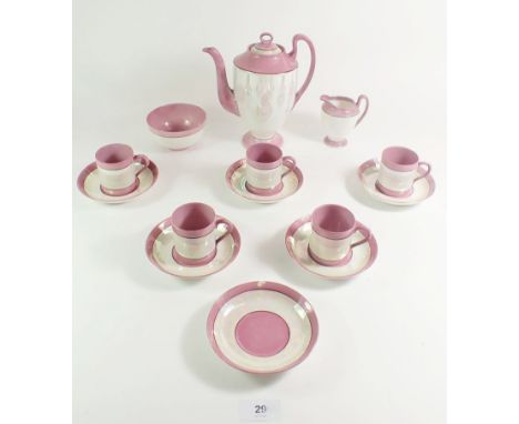 A Phoenix China pink lustre banded coffee set comprising coffee pot, five cups and saucers, sugar and jug 