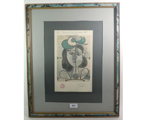 A Picasso print 'Portrait de Francoise Gilot' with gallery stamp, 29 x 18cm 