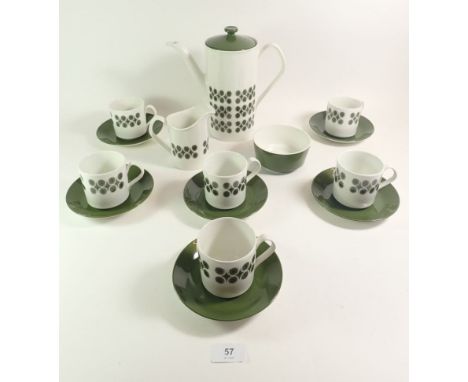 A Johnson Bros 1960's coffee set comprising coffee pot, jug, sugar bowl and six cups and saucers with green decoration