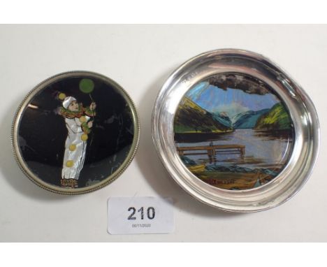 A silver and butterfly wing trinket dish and a silver plated one decorated Pierrot 