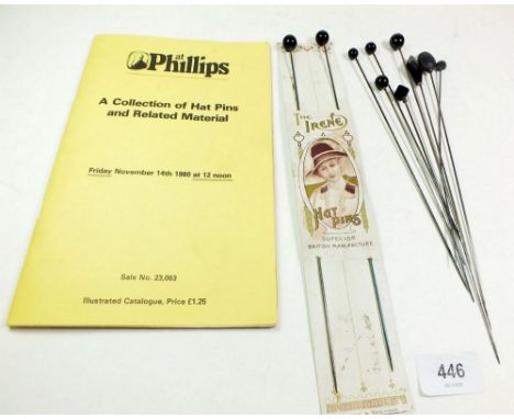 Eight various jet hat pins plus two on original 'The Irene' card, a hatpin protector and catalogue 