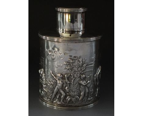 A Victorian silver cylindrical tea caddy with embossed decoration of Bacchanalian scene by Thomas Hayes, Birmingham 1886, 121