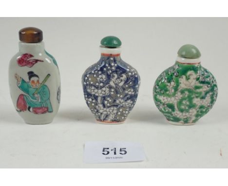 Three mid 20th century Chinese porcelain snuff bottles with enamel decoration 