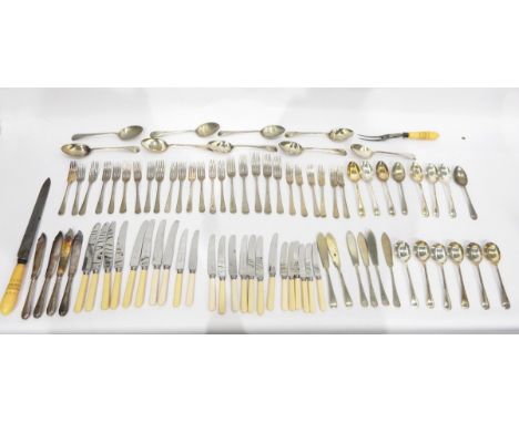 Quantity of EPNS flatware including bone-handled knives and a carved bone-handled carving knife and fork (1 box) 