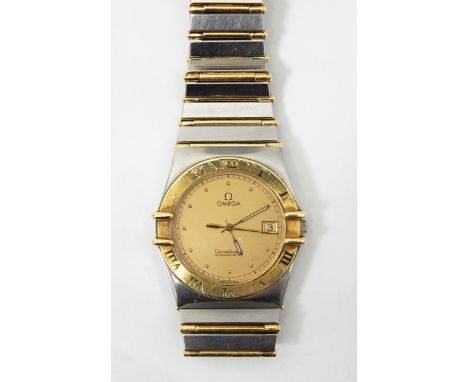 Gentleman's bi-colour stainless steel and gilt metal Omega Constellation chronometer, the circular gold-coloured dial with da