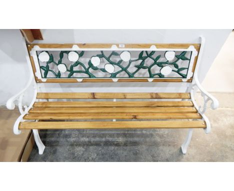 Slatted garden bench seat with painted decorative iron panelled back and standards 