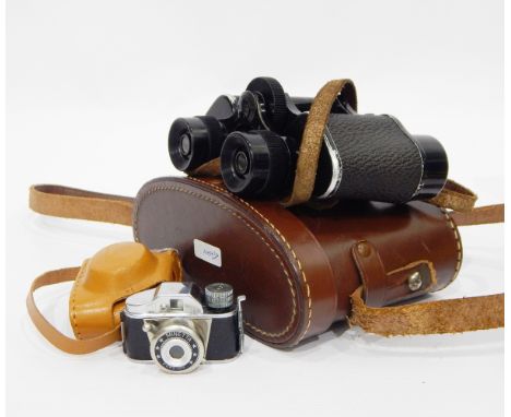 Minetta miniature camera in leather case, a Ricoh 500G camera with Rikenon lens and various other cameras, binoculars, etc. 