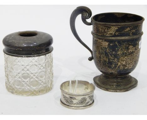 Silver mug by Harrison Bros & Howson, Sheffield 1920, of circular form with scroll handle, a silver-topped dressing table jar