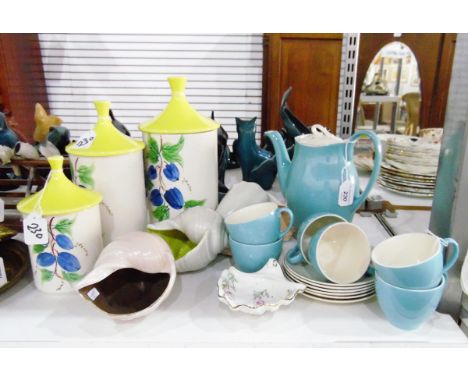 Poole part coffee service, three graduated Arthur Wood storage jars, three Poole ceramic shells and an Aynsley 'Wild Tudor' s