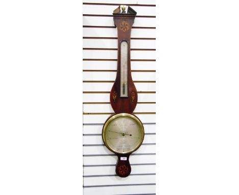Georgian mahogany and satinwood inlaid cased wheel barometer with broken arch pediment, foliate inlays, with silvered tempera