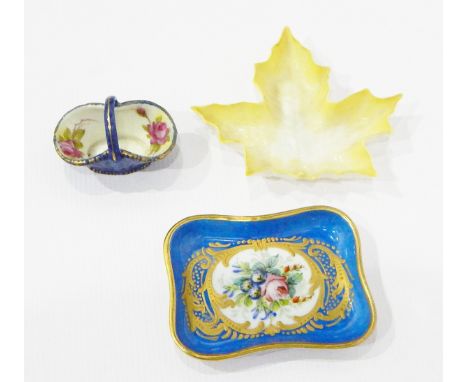 19th century Royal Worcester miniature basket with internal rose  decoration, Limoges Bleu Celeste dish with handpainted flor