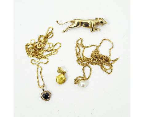 Gold coloured brooch of a leaping big cat with a gemset eye, marked 375, a 9ct gold curb-link chain hung with a cultured pear