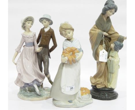 Three various Nao by Lladro porcelain figure groups to include girl holding pumpkin, girl and boy dancing and a Chinese robed