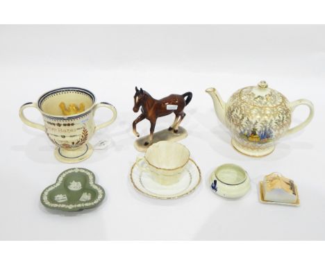 Staffordshire pottery loving cup with moulded frog to the interior, handpainted, inscribed 'Peter Bates 1802' and various oth